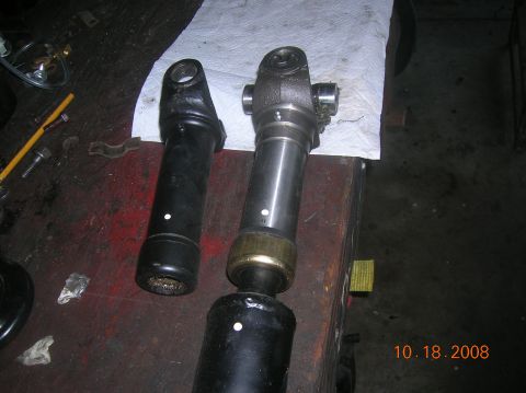 1985 Ford Bronco - drive shaft reworked with a 1350 u-joint...next to it is the stock size.