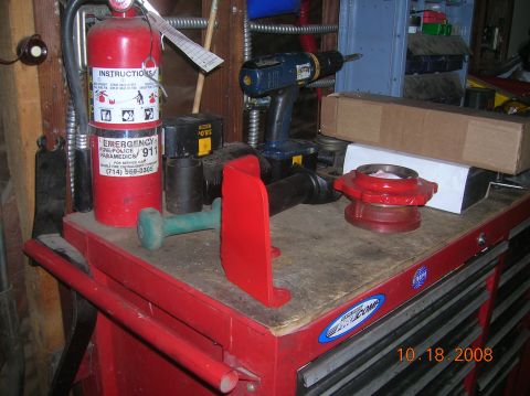 1985 Ford Bronco - Tools and a fire extinguisher sit on a red rolling tool chest, dated 10.18.2008.