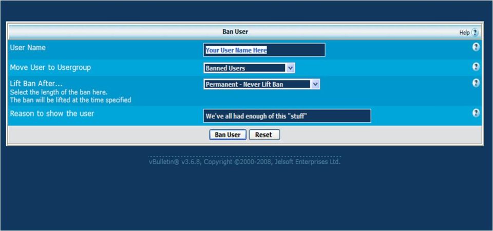 vBulletin Ban User administration form screenshot