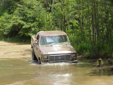1985 Ford Bronco - Ford pickup truck navigates a water crossing surrounded by dense foliage.