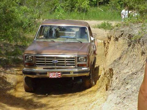 1985 Ford Bronco - This truck is navigating a narrow, eroded dirt track surrounded by vegetation.