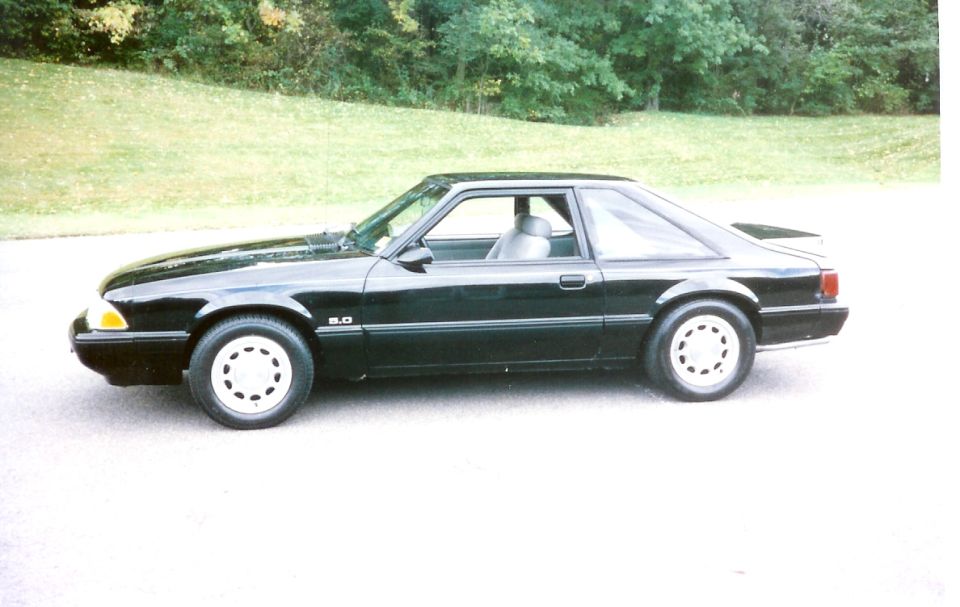 Black 1988 Ford Mustang coupe parked on pavement with a grassy hill and trees in the background.