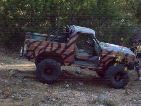 1996 Ford Bronco - A modified 1996 Ford Bronco with a tiger stripe paint scheme is parked on a dirt path surrounded by trees. The vehicle has large off-road t…