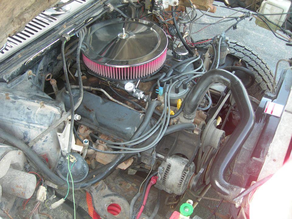 engine bay with V8 engine, air filter, distributor, and alternator visible