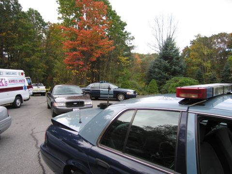 2001 Ford Crown Victoria - A police car is parked in front of an ambulance and another police car, with trees in the background.