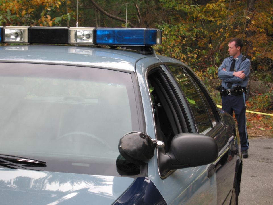 Police car with light bar, officer standing nearby. Looks like a 2001 Ford Crown Victoria