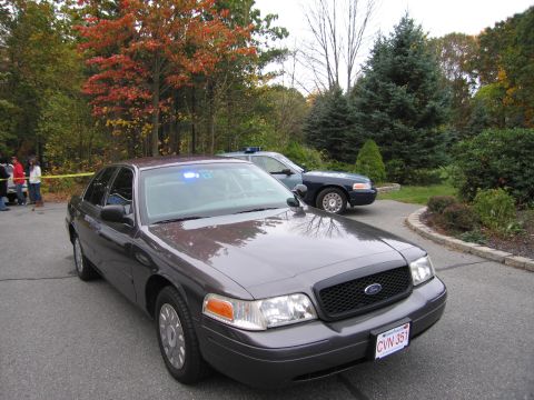 2001 Ford Crown Victoria - Two Ford Crown Victoria police cars parked on a driveway with trees in the background.