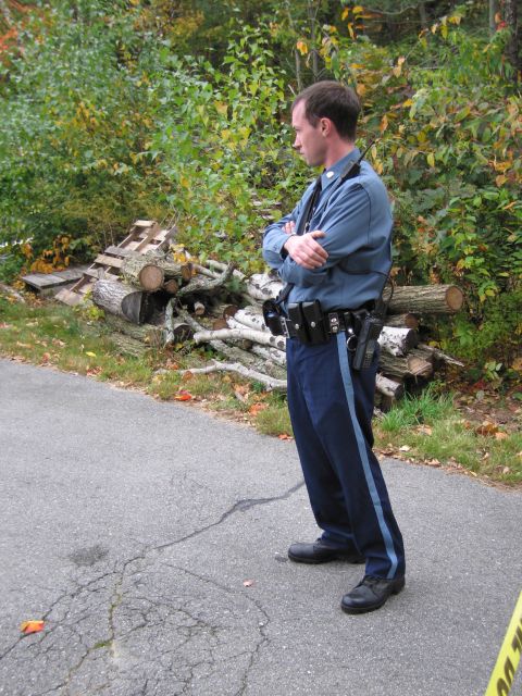 2001 Ford Crown Victoria - A police officer stands guard on a roadside, with a stack of cut logs behind him and trees in the background.
