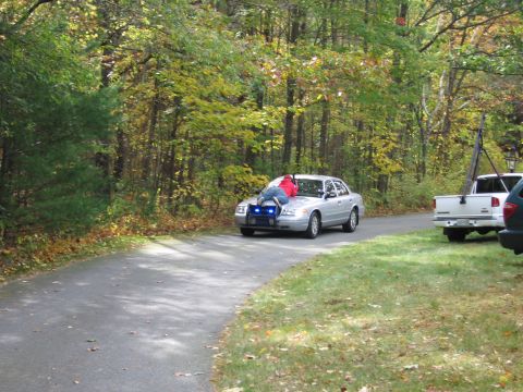 2001 Ford Crown Victoria - A silver 2001 Ford Crown Victoria is parked on a road with a person on its hood, surrounded by trees in autumn.