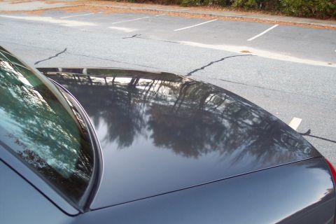 2001 Ford Crown Victoria - The rear of a dark-colored sedan is shown, with reflections of trees and a parking lot visible on its trunk.