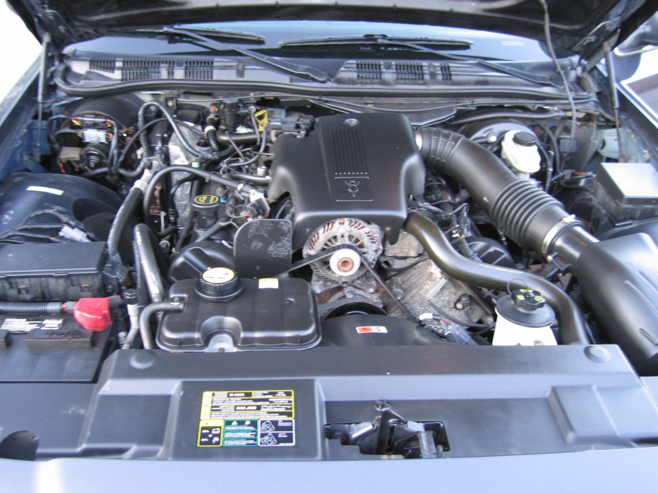 Photo of a Ford V8 engine bay showing intake, alternator and air box