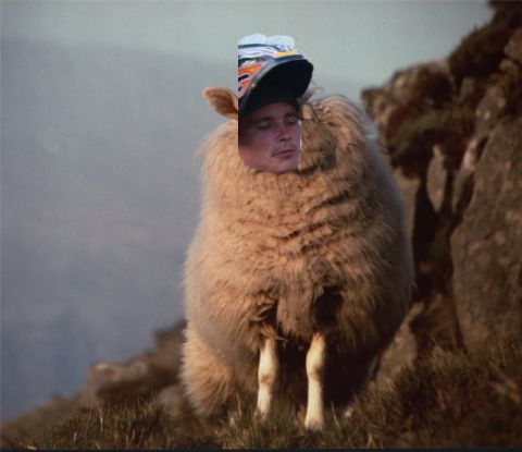 1992 Ford Bronco - A sheep with a man's face and a helmet superimposed on its head stands on a grassy hillside.