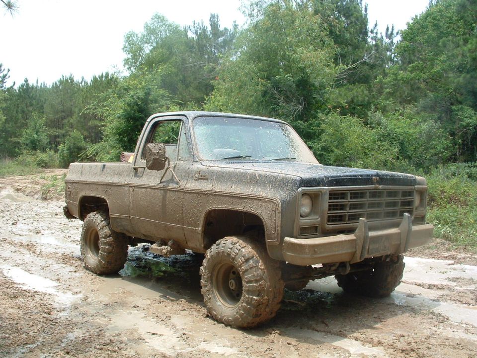 Mud-covered classic Chevrolet pickup truck with large tires in a muddy, wooded area.