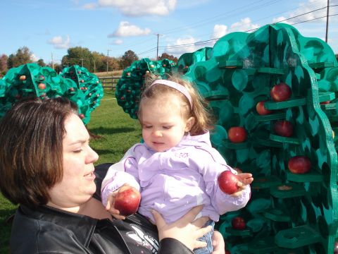 2000 Ford Crown Victoria - A woman holds a young child in front of a large, green, tree-shaped decoration with apples on it. The child is holding an apple.