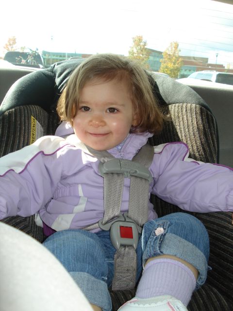2000 Ford Crown Victoria - A young child is secured in a car seat in the back seat of a vehicle. The child is wearing a purple jacket and blue jeans, and is looking f…