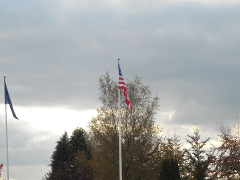 1979 Ford F-150 - An American flag flies prominently against a backdrop of trees and a dramatic, cloudy sky.