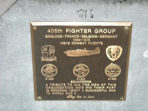 1979 Ford F-150 - A memorial plaque honors the 406th Fighter Group, detailing their combat flights and squadrons from 1944-1945.