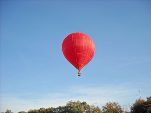 1979 Ford F-150 - A solitary red hot air balloon drifts across a bright blue sky, with a line of trees below.