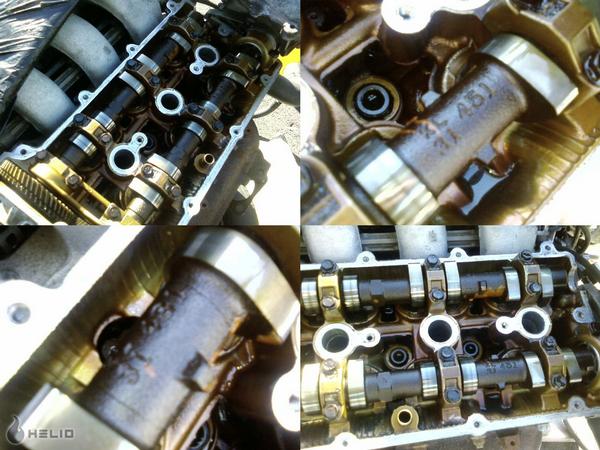 Close-up collage of a dismantled DOHC cylinder head with camshafts and cam caps
