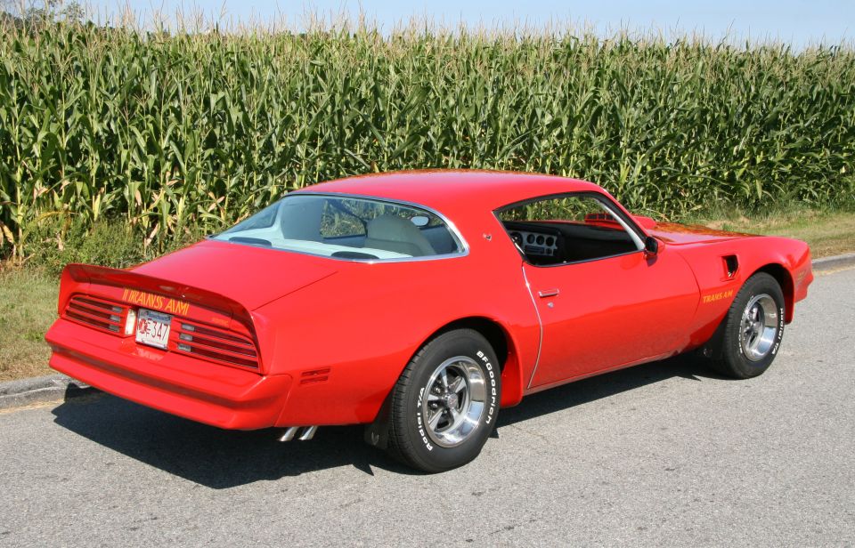 Red Pontiac Firebird Trans Am parked on road by cornfield, rear three-quarter view