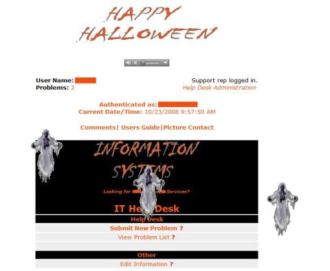 1986 Ford Bronco - A Halloween-themed IT help desk webpage displays user information and system options.