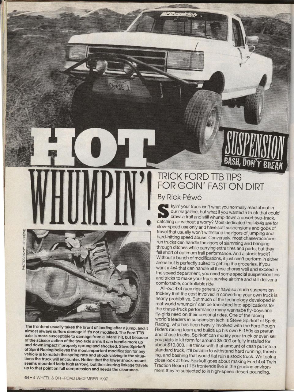 Hot Whumpin' magazine article on Ford TTB suspension tips with a white Ford pickup and front axle photo