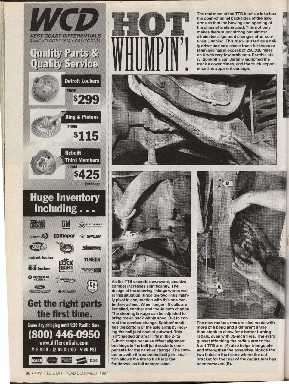 Hot Whumpin' article page on Ford TTB axle arm boxing and radius arms beside a West Coast Differentials ad