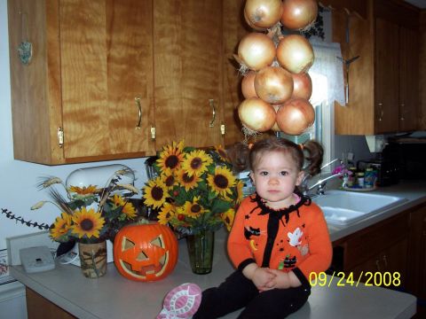 2000 Ford Crown Victoria - A young child dressed for Halloween sits on a kitchen counter next to sunflowers and a carved pumpkin.