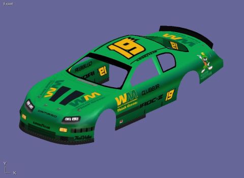 2004 Jeep Wrangler - This is a 3D render of a green race car body with various sponsor decals and the number 19.