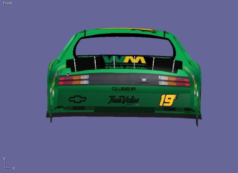 2004 Jeep Wrangler - Rear view of a green race car with various sponsor decals and the number 19.