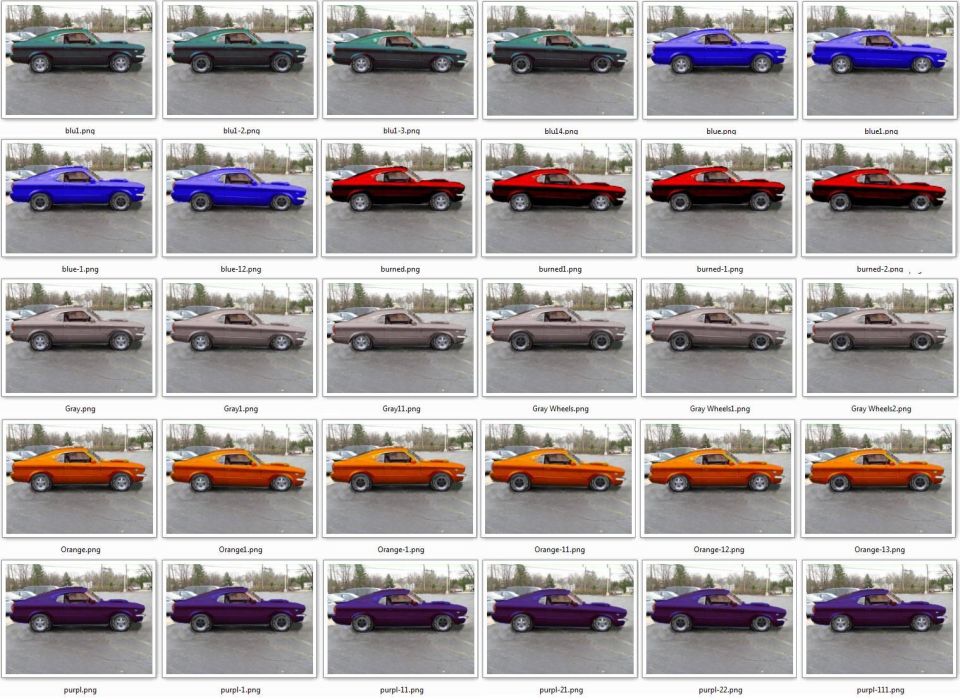 Contact sheet of a fastback muscle car shown in many paint colors