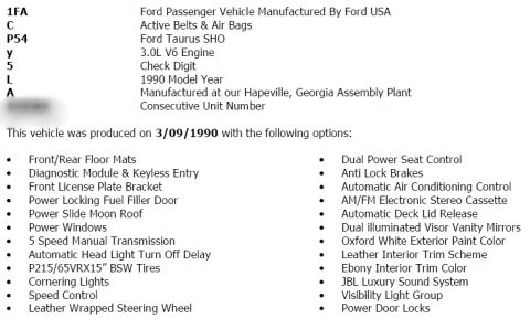 1993 Ford Taurus - This document details a 1990 Ford Taurus SHO, manufactured on 3/09/1990, with various options listed.