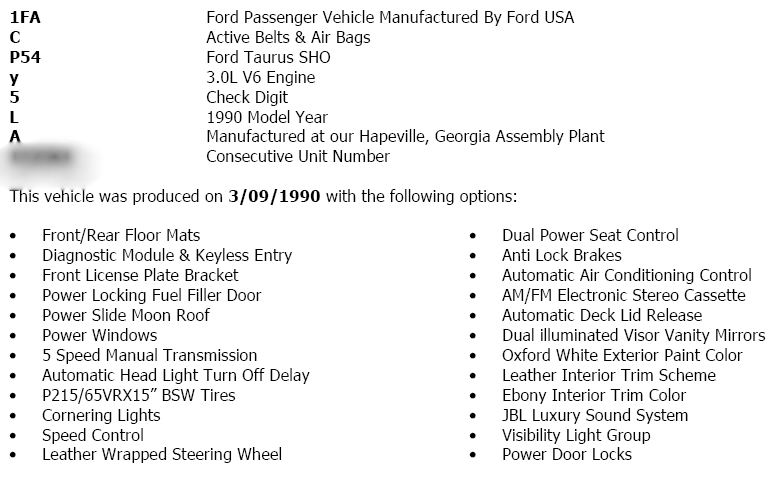 1990 Ford Taurus SHO VIN decode and factory options list, built 3/09/1990 at Hapeville