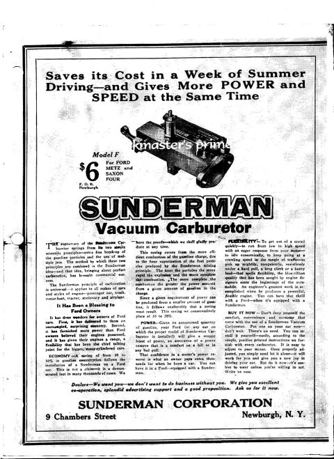1913 Ford Model T - This document advertises the Sunderman Vacuum Carburetor, highlighting its benefits for fuel efficiency and power.