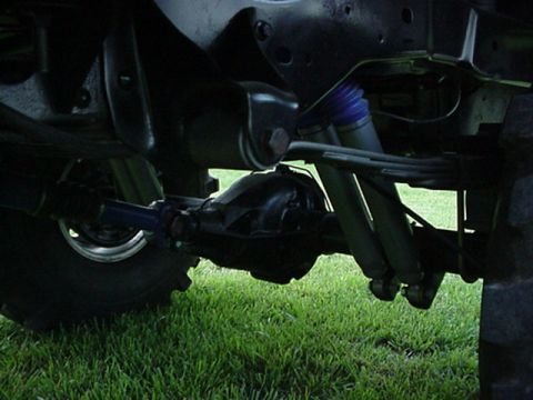 1987 Ford Bronco - Close-up view of the rear axle and suspension system of a vehicle, with grass in the background.