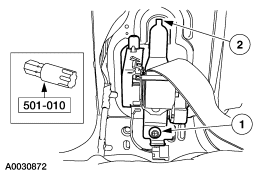 2007 Ford Mustang - Service illustration showing a vacuum hub solenoid component mounting with numbered callouts and part reference 501-010.