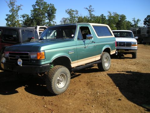 1989 Ford Bronco - A green 1989 Ford Bronco is parked next to a white Ford truck under a clear blue sky.