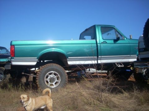 1992 Ford Bronco - A lifted green pickup truck is parked outdoors with a dog in the foreground.