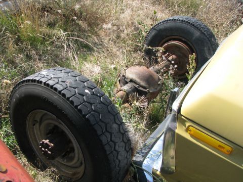 1983 Ford F-250 - Discarded vehicle axle and tires are visible in the overgrown grass.
