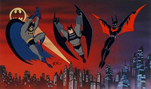1988 Mercury Grand Marquis - Three iterations of Batman soar above a stylized city skyline, silhouetted against a dramatic red sky.