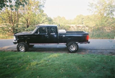 1994 Ford F-150 - This black Ford F-150 pickup truck is seen from the side, parked on a grassy area beside a road.