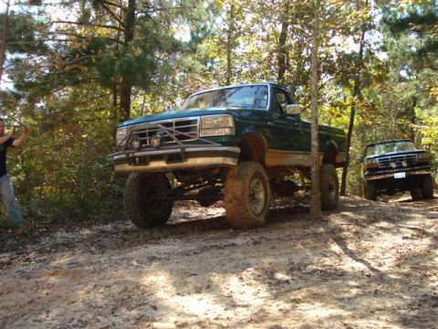 2008 International School Bus - Two lifted pickup trucks navigate a wooded dirt trail during the day.