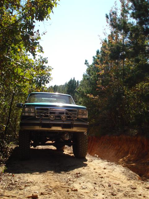 2008 International School Bus - A green pickup truck navigates a dirt path surrounded by trees.