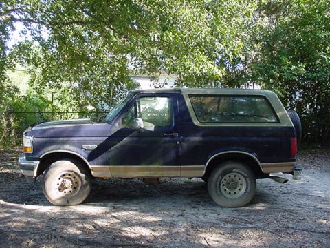 1994 Ford Bronco - Side view of a dark blue and tan 1994 Ford Bronco parked outdoors.