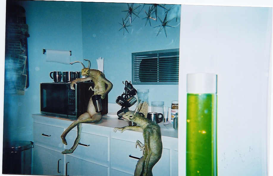 Two alien-figure props posed in a kitchen beside microwave and green liquid tube