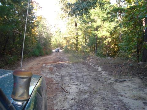 2008 International School Bus - Driving down a muddy dirt road through a forest with two other vehicles ahead.