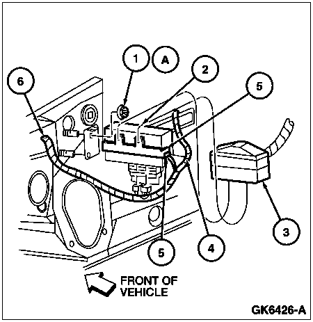 1997 Ford Taurus - Service illustration with numbered callouts identifying components and connectors near the front of the vehicle.