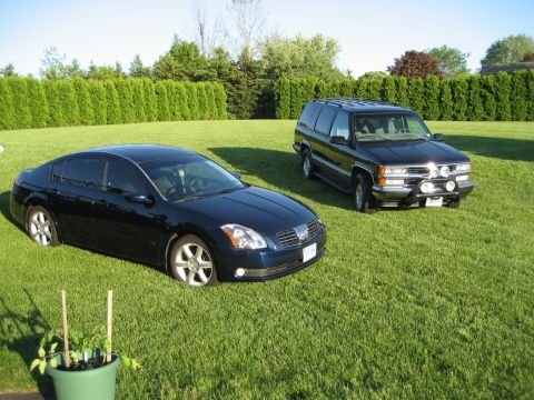 1998 Chevrolet Tahoe - A dark sedan and a black SUV are parked on a grassy lawn with manicured hedges in the background.