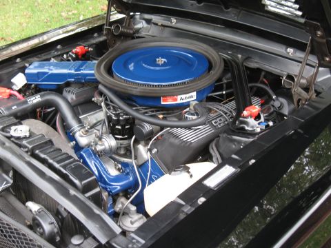 1968 Shelby GT500 - Close-up of a classic car's engine compartment, a prominent blue air filter and distinctive valve covers.