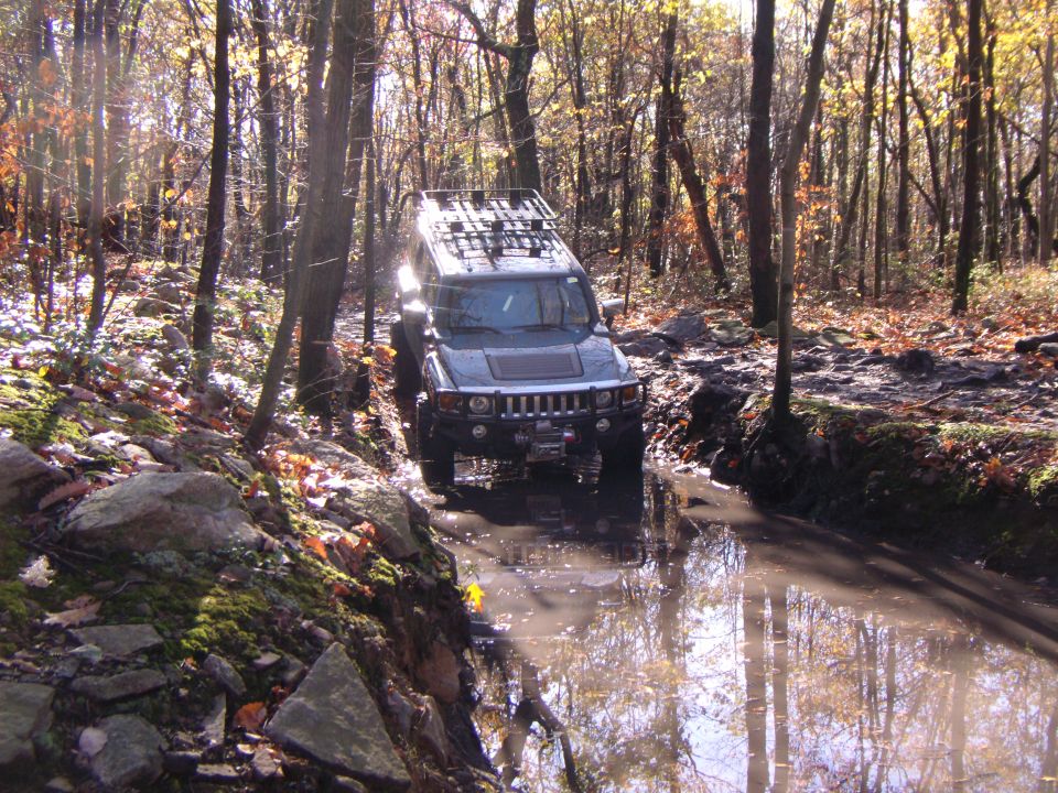Dark SUV with roof rack driving through mud and water on a forest trail